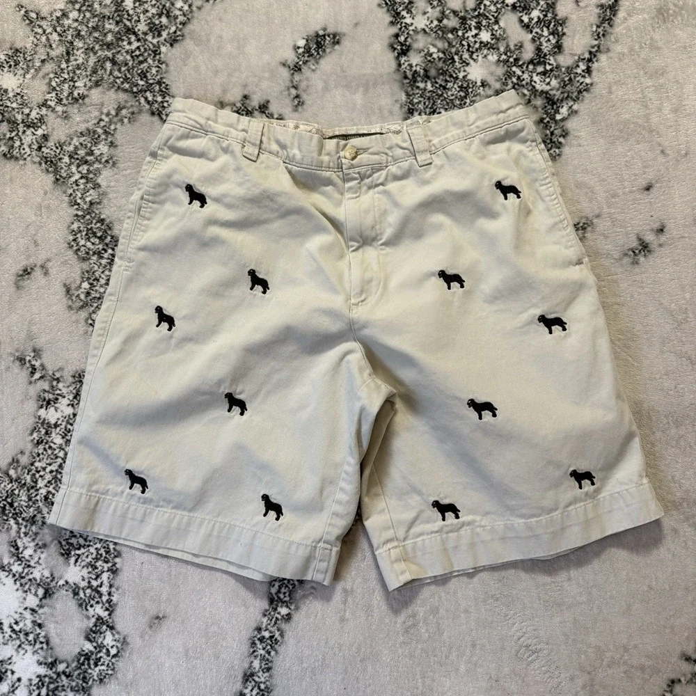 Berle Washed Stoned & Beaten Shorts Mens Sz 36 Beige All Over Dog‎ Embroidery
